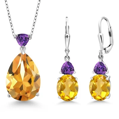 Juego de joyas pendientes colgantes de citrino y amatista de plata de ley 925 para mujer Foto 1 de 3