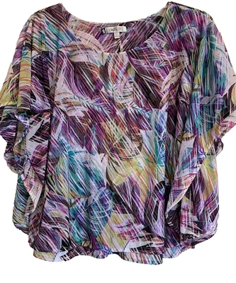 Jennifer Lopez Women's Sz 0X Multicolor Sheer Chiffon Flutter Blouse Palm Leaves - Image 1 of 4