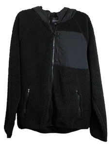 J.Crew Jacket Men's Sz L Black Full Zip Sherpa Fleece Hoodie Faux Fur w/Pockets - Picture 1 of 13