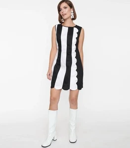 Unique Vintage X Smak Parlour Black And White Mini Mod Stripe Scallop Dress NWT - Picture 1 of 6