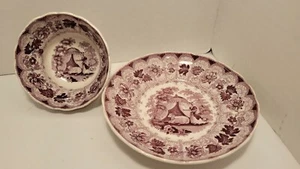 Antique circa 1890 Adams Porcelain Transferware Purple "The Pet" Cup Saucer, exc - Picture 1 of 3