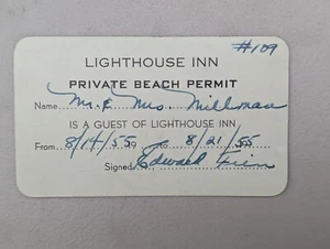 1955 LIGHTHOUSE INN Guthrie Private Beach Connecticut Permit Pass Ticket - Picture 1 of 2