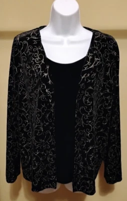 Nuevo con etiquetas Cárdigan Suéter TanJay Dos en Uno Negro Dorado Terciopelo Manga Larga Talla: M Foto 1 de 2