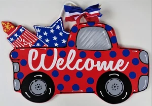 AMERICANA  RED TRUCK w/Polka Dots 4th of July SIGN Wall Art Door Hanger Plaque - Picture 1 of 1