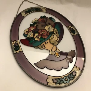 ADORABLE VICTORIAN LADY W/FLOWER HAT OVAL HAND PAINTED STAINED GLASS SUN CATCHER - Picture 1 of 6