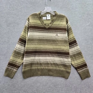 Adidas Men Sweater M Green Striped Knit Wool Blend Logo Embroidered V Neck - Picture 1 of 11