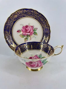 Paragon Floating Cabbage Rose Blue Gold Teacup & Saucer Double Warrant Rare - Picture 1 of 12