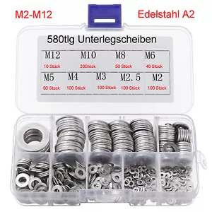 580tlg Flache Unterlegscheiben M2-M12 Edelstahl A2 Beilagscheiben Sortiment Set - Bild 1 von 13