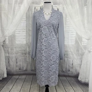 Jessica Howard Sz 8 Lace Gray Silver Long Sleeve Glitter Sheath Dress Formal B9 - Picture 1 of 12