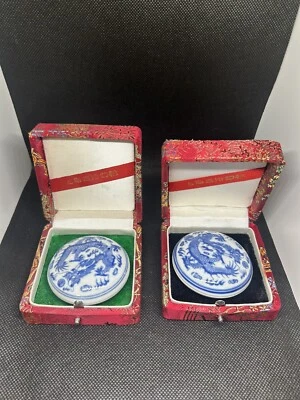 "Sello chino de porcelana cortada tinta dragón azul y blanco cera roja 2,5"" y caja de seda X2" Foto 1 de 4