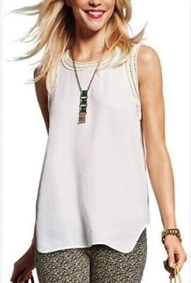 CABI S/M #5042 Marissa Top Túnica Camiseta sin Mangas Crochet-Encaje Cuello Marfil-Blanco  Foto 1 de 4