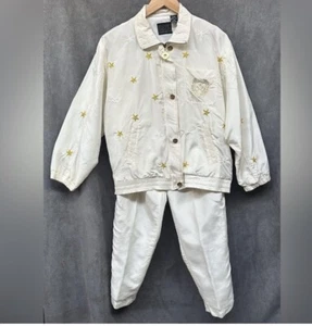 Vtg 100% silk track suit windbreaker jacket + Parachute pants White Gold Stars - Picture 1 of 6
