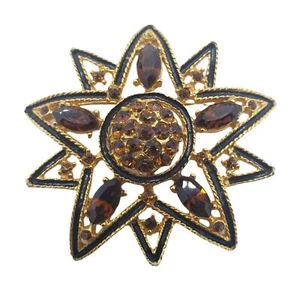 Vintage Gold Tone Root Beer Faceted Rhinestones Large Brooch Pin - Picture 1 of 12