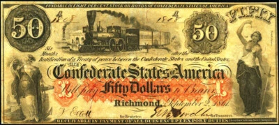 1861 $50 CSA T15 *Reproduction* Civil War Currency Hope, and Justice Pictured - Image 1 of 2