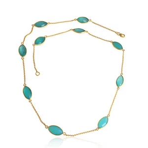 Aqua Chalcedony Gemstone Designer Gold Plated Silver Chain Necklace Jewelry - Picture 1 of 2