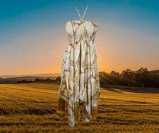 Women Sundress, Summer Dresses Silk Sari Beige Hi Low Boho Beach Halter Dress SM