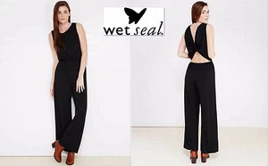 NWT M Contempo Casual Black Women's Open Drapped Back Wide Leg Flare Jumpsuit ne - Picture 1 of 6