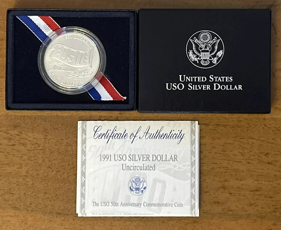 1991-D USO 50th Anniversary Commemorative Unc Silver Dollar w/Box & COA OGP - Image 1 of 1