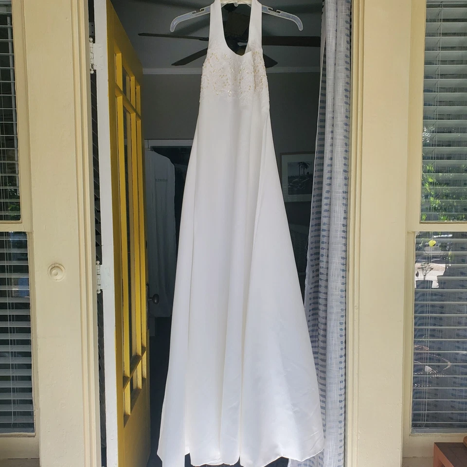 Vestido de novia Moonlight Bridal I vintage blanco halter línea A talla 10 con bolso Foto 1 de 4