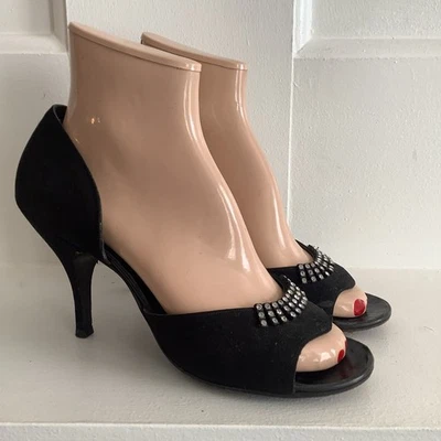 Винтажный 1950-х Tweedies черная замша кожа с открытым носком каблуки со стразами деталь размер 8 - Изображение 1 из 4