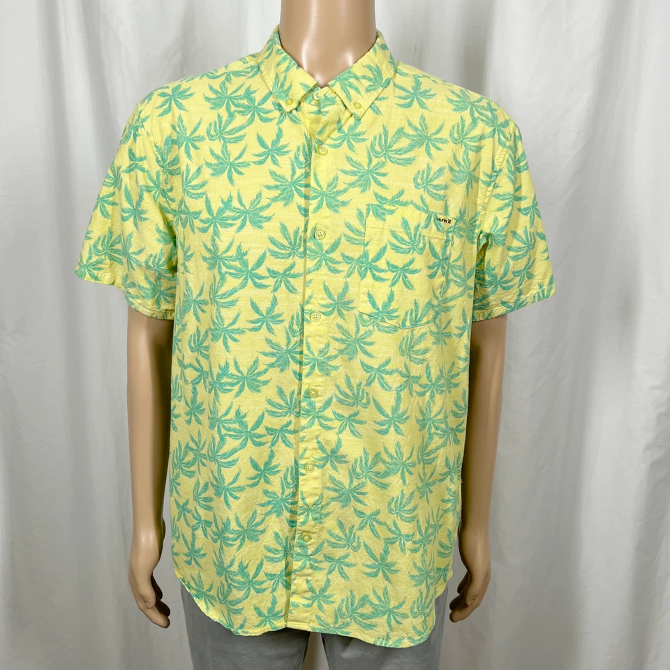 Camisa Hurley Hombres XL Amarilla Verde Tropical Estampado Hoja de Palma Manga Corta Abotonada Foto 1 de 4