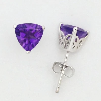 3.00carat Trillion Natural Amethyst Solitaire Stud Earring 18K White Gold Plated - Image 1 of 4
