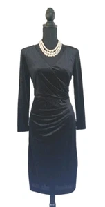 Eliza J Kleid 8 schwarz silber Samt geselliger Abend Midi Etui Plissee V-Ausschnitt M - Bild 1 von 10