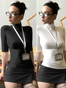 Stylish Women's Tight Fitting T Shirt with Mock Neck for Summer and Casual Days - Picture 1 of 48