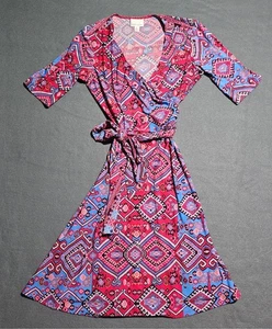 Donna Morgan Dress Midi 6 Red Blue Purple Wrap Tie V Neck Feminine Romantic - Picture 1 of 6