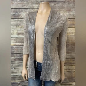 Coldwater Creek Cardigan XS 4-6 Metallic Silver Tan Brown Linen Blend - Picture 1 of 5