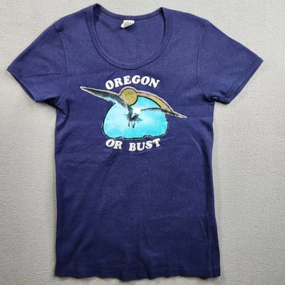 Vintage 70s Hanes French Cut Shirt Womens Large Blue Oregon Or Bust 80s USA Made - Image 1 of 4