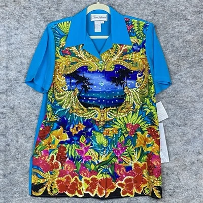 NWT Diane Gilman Silk Shirt Small Blue Tropical Sequin Top Cruise Art to Wear - Image 1 of 4