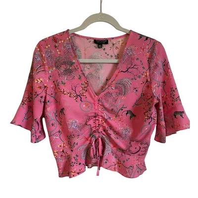 Topshop 红宝石神奇豹纹褶皱衬衫裁剪上衣 6 码粉色喇叭袖  — 第 1/4 张图片