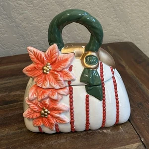 David’s Cookies Ceramic Holiday Handbag Jar – Poinsettia Stripe Decor Purse - Picture 1 of 13
