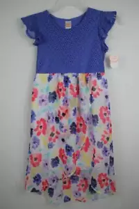 Girls Lace Chiffon Dress Large 10 - 12 Overlay Hi-Low Skirt Blue Floral Party - Picture 1 of 4