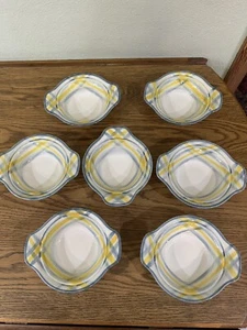 7~Vintage Vernonware 6" ciotole frutta con manici tweed plaid giallo grigio 1950-1954 - Foto 1 di 3