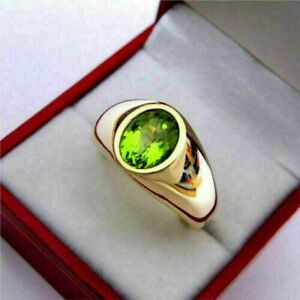 Men's Solitaire Wedding Ring 3 Ct Oval Simulated Peridot 14k Yellow Gold Finish