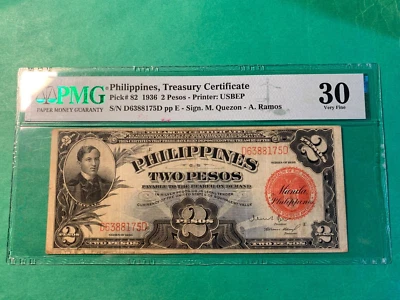 PHILIPPINES 1936 2 PESO TREASURY CERTIFICATE RIZAL PIC D6388175D P-82 PMG VF 30 - Image 1 of 2