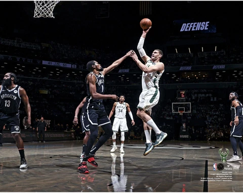 Brook Lopez Milwaukee Bucks UnSigned 2021 Conference Semis Hook Shot Photo Cover