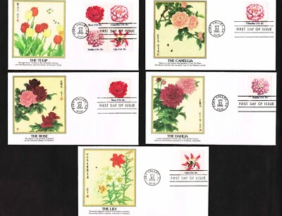 1876-1879  5 Fleetwood Covers FDC Flowers Lily Rose Dahlia Camellia GET4PAYFOR 3 - Image 1 of 2