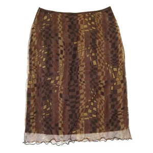 Vintage 90s Midi Skirt Size L Brown Geo Print Lettuce Hem Micro Mesh 1990s Y2K - Picture 1 of 7