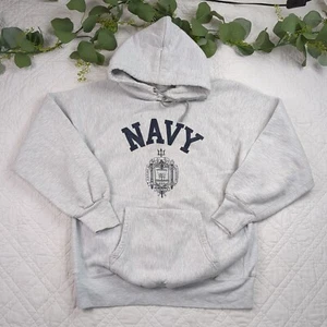Pullover vintage grigio navy felpa con cappuccio gromets metallo tessuto professionale taglia M made in USA - Foto 1 di 9