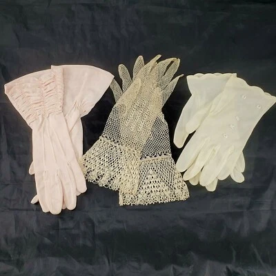 Vintage Ladies Fashion 3 Pair Glove Lot Nylon, Satin and Irish Lace/Crochet - Image 1 of 4