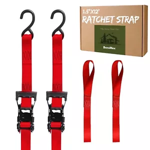 Motorcycle ATV UTV Tie Downs, 1.5"x12' Ratchet Straps with S-Hook & Soft Loops - Picture 1 of 7