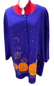 Halloween Cardigan Button Front Top Purple Sequin 3X-Large Cat Pumpkin Holiday - Picture 1 of 7