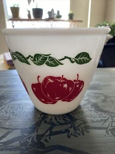Vintage Hazel Atlas Milk Glass Mixing Bowl Red Apples Green Leaves - Picture 1 of 3