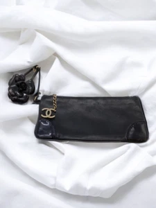 Authentic CHANEL camellia Coco Mark pouch accessory case lambskin leather black - Picture 1 of 8