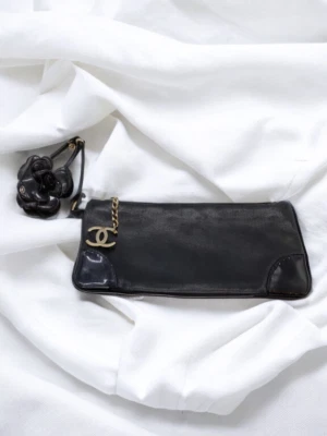 Подлинный CHANEL камелия Coco Mark мешок аксессуар чехол из овчины кожи черный - Изображение 1 из 4