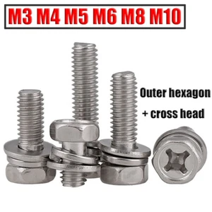 M3~M10 Hex Tap Bolts Phillips Head Screw + Flat / spring Washer A2 304 Stainless - Picture 1 of 8