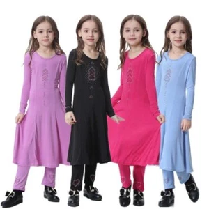 Muslim Kids Girls 2 PCS Eid Dress+Pants Child Prayer Abaya Islamic Maxi Robe Set - Picture 1 of 26